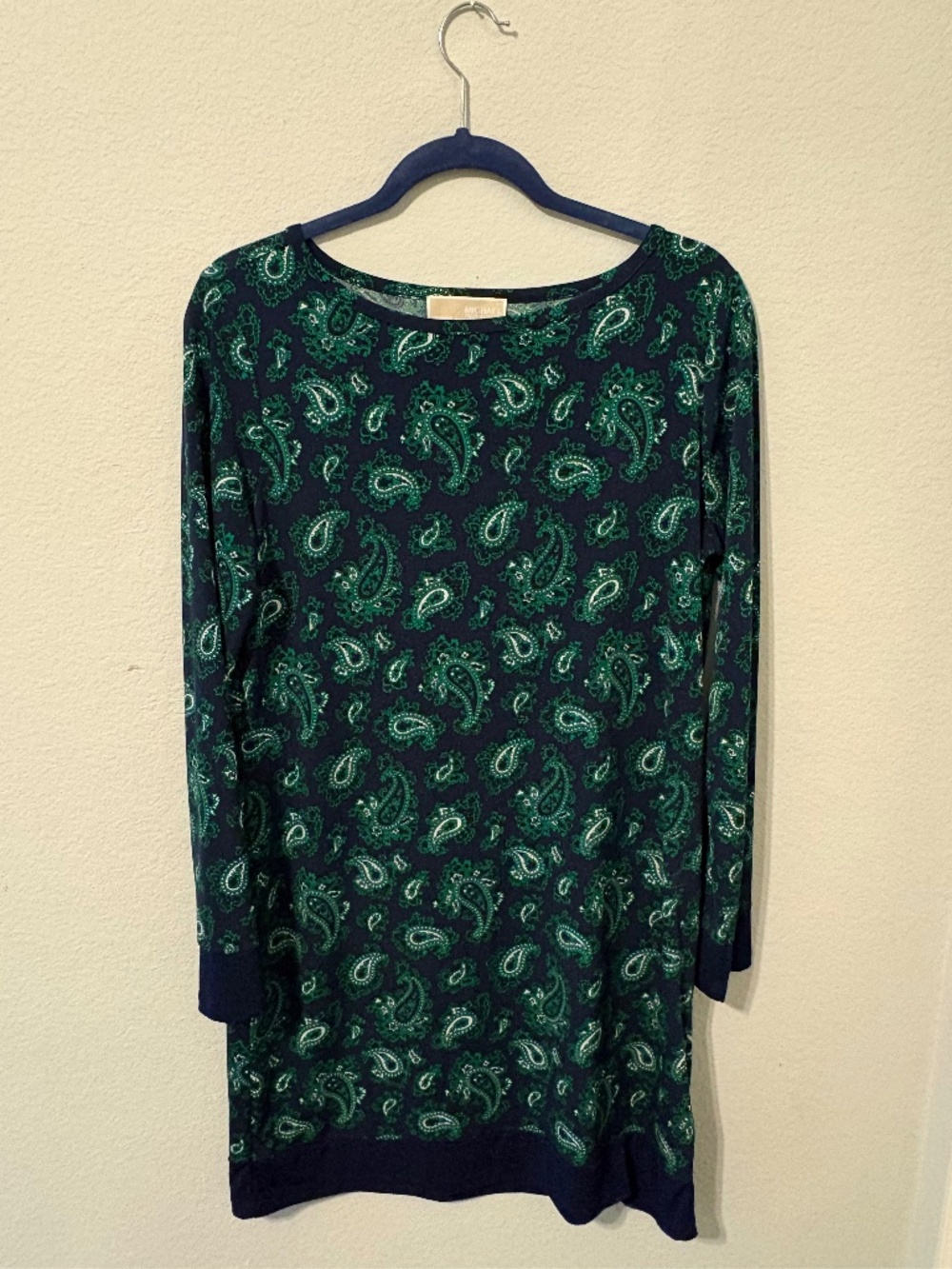 Michael Kors Navy and Green Paisley Shift Dress Size Medium